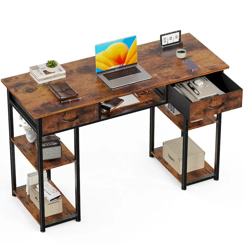 Bureau d'ordinateur moderne avec étagère de rangement intégrée et 2 tiroirs, idéal pour un bureau à domicile ou une salle d'étude.