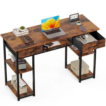 Bureau d'ordinateur moderne avec étagère de rangement intégrée et 2 tiroirs, idéal pour un bureau à domicile ou une salle d'étude.