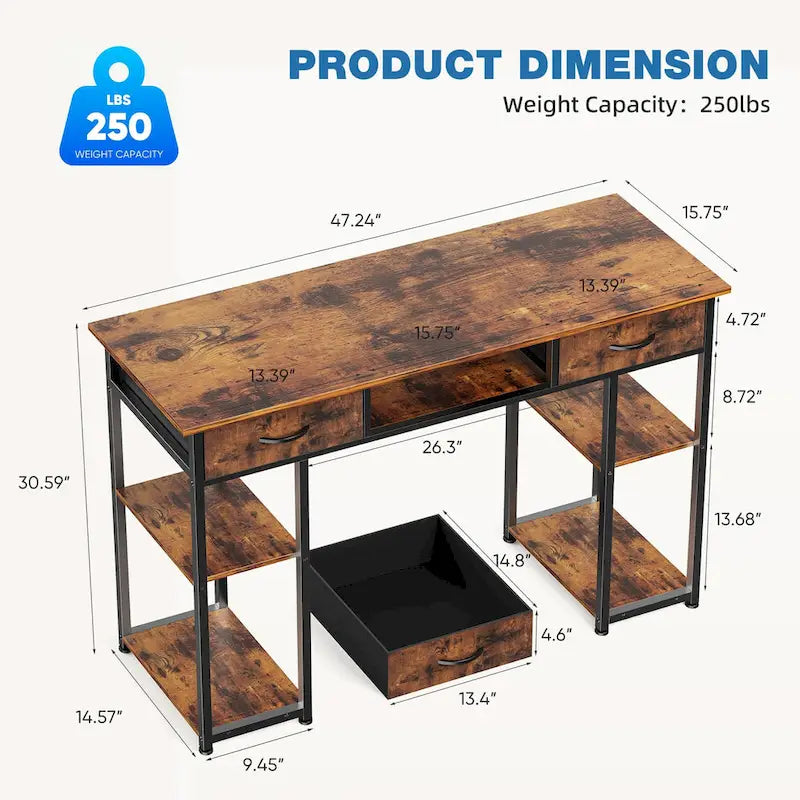 Bureau d'ordinateur moderne avec étagère de rangement intégrée et 2 tiroirs, idéal pour un bureau à domicile ou une salle d'étude.