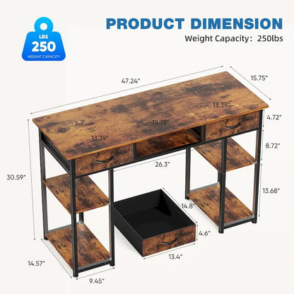 Bureau d'ordinateur moderne avec étagère de rangement intégrée et 2 tiroirs, idéal pour un bureau à domicile ou une salle d'étude.