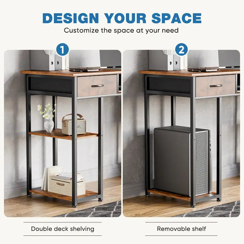 Bureau d'ordinateur moderne avec étagère de rangement intégrée et 2 tiroirs, idéal pour un bureau à domicile ou une salle d'étude.