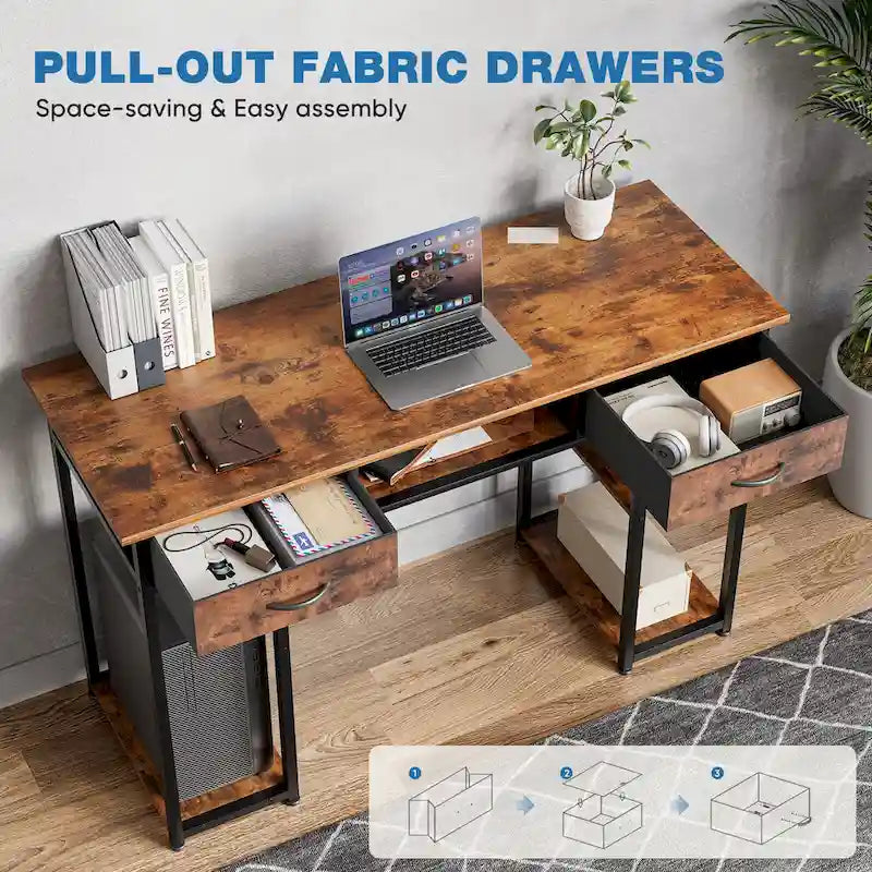 Bureau d'ordinateur moderne avec étagère de rangement intégrée et 2 tiroirs, idéal pour un bureau à domicile ou une salle d'étude.