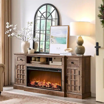 Meuble TV de style campagnard avec cheminée pour téléviseur de 80 pouces et centre multimédia de 70 pouces.