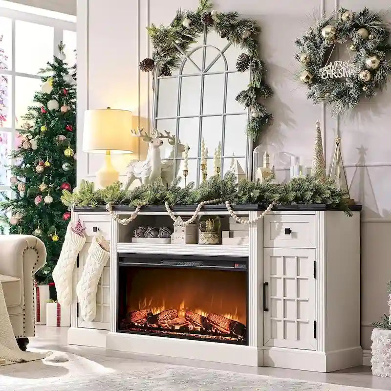 Farmhouse TV Stand with Fireplace for 80  TV, 70  Entertainment Center