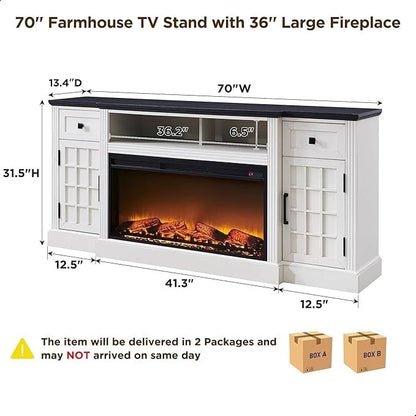 Meuble TV de style campagnard avec cheminée pour téléviseur de 80 pouces et centre multimédia de 70 pouces.