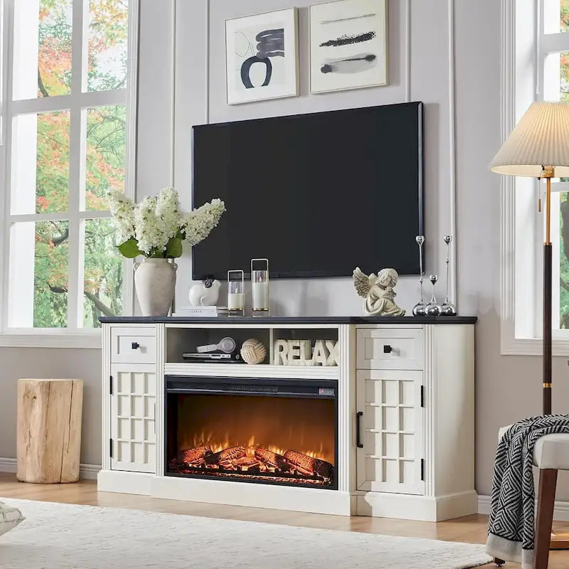 Meuble TV de style campagnard avec cheminée pour téléviseur de 80 pouces et centre multimédia de 70 pouces.