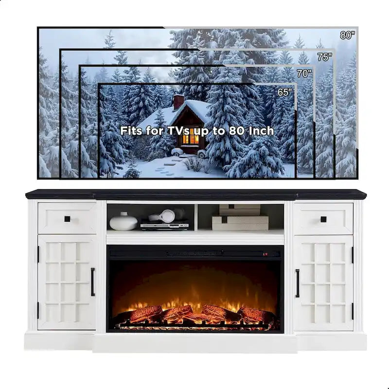 Meuble TV de style campagnard avec cheminée pour téléviseur de 80 pouces et centre multimédia de 70 pouces.