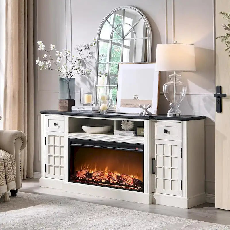 Meuble TV de style campagnard avec cheminée pour téléviseur de 80 pouces et centre multimédia de 70 pouces.