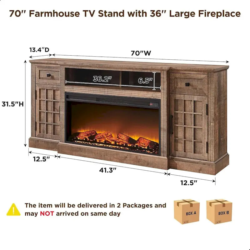 Meuble TV de style campagnard avec cheminée pour téléviseur de 80 pouces et centre multimédia de 70 pouces.