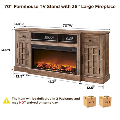 Meuble TV de style campagnard avec cheminée pour téléviseur de 80 pouces et centre multimédia de 70 pouces.