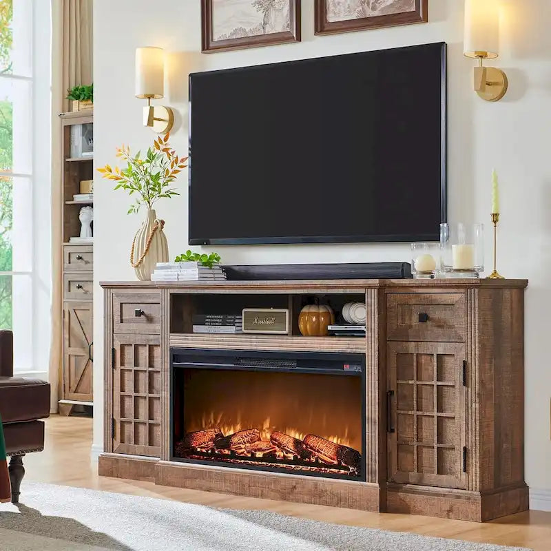 Meuble TV de style campagnard avec cheminée pour téléviseur de 80 pouces et centre multimédia de 70 pouces.