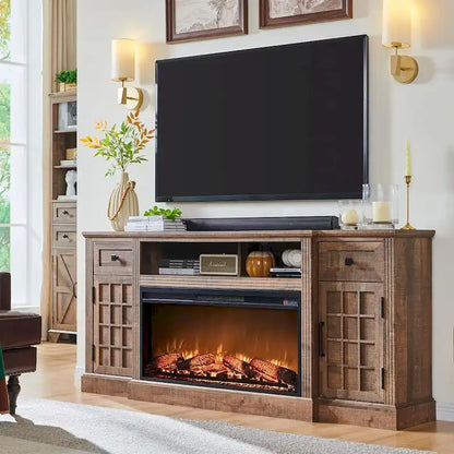 Meuble TV de style campagnard avec cheminée pour téléviseur de 80 pouces et centre multimédia de 70 pouces.