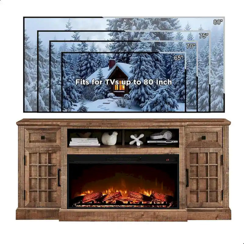 Meuble TV de style campagnard avec cheminée pour téléviseur de 80 pouces et centre multimédia de 70 pouces.