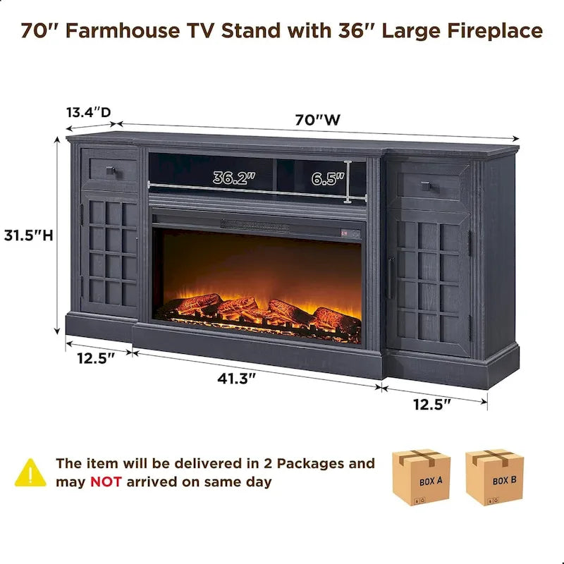 Meuble TV de style campagnard avec cheminée pour téléviseur de 80 pouces et centre multimédia de 70 pouces.