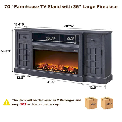Meuble TV de style campagnard avec cheminée pour téléviseur de 80 pouces et centre multimédia de 70 pouces.