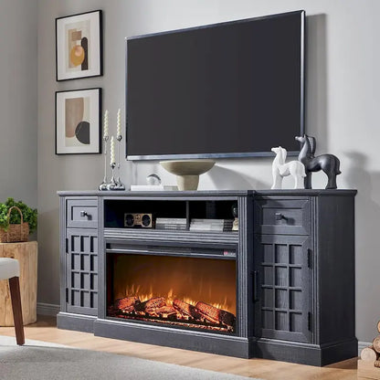 Meuble TV de style campagnard avec cheminée pour téléviseur de 80 pouces et centre multimédia de 70 pouces.
