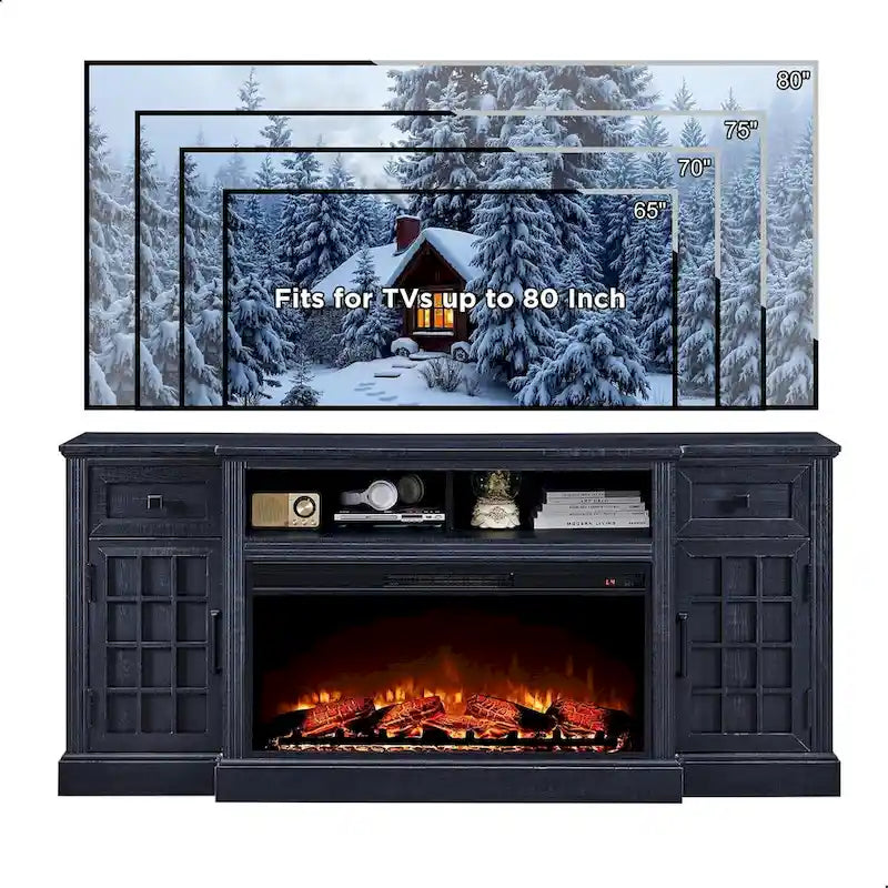 Meuble TV de style campagnard avec cheminée pour téléviseur de 80 pouces et centre multimédia de 70 pouces.