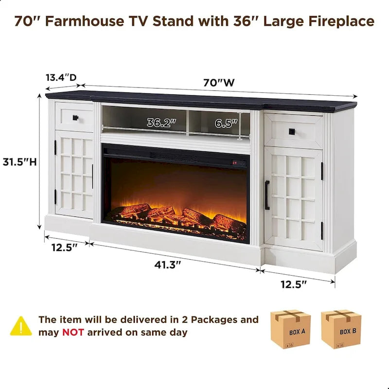 Meuble TV de style campagnard avec cheminée pour téléviseur de 80 pouces et centre multimédia de 70 pouces.