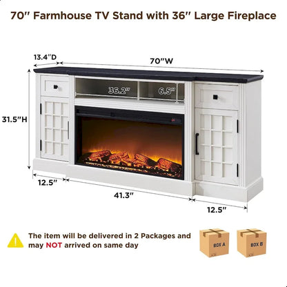 Meuble TV de style campagnard avec cheminée pour téléviseur de 80 pouces et centre multimédia de 70 pouces.