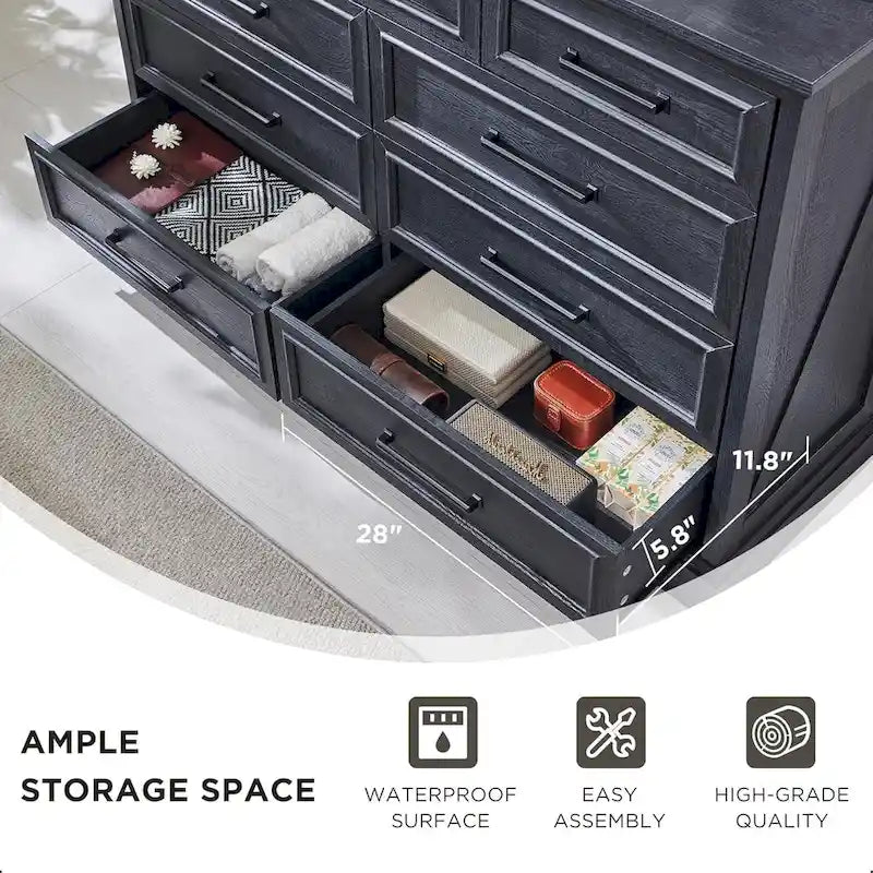 Commode de style campagnard à 9 tiroirs pour chambre à coucher, commode en bois