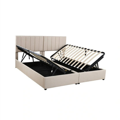 Cadre de lit plateforme rembourré pour lit simple/très grand, avec système de rangement hydraulique, tête de lit et sommier à lattes.