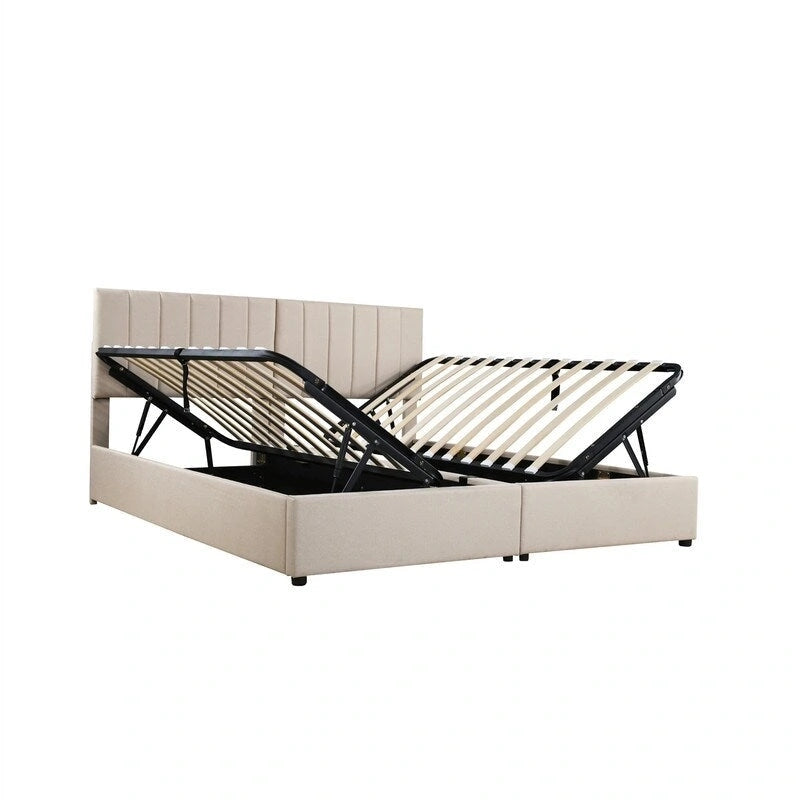 Cadre de lit plateforme rembourré pour lit simple/très grand, avec système de rangement hydraulique, tête de lit et sommier à lattes.