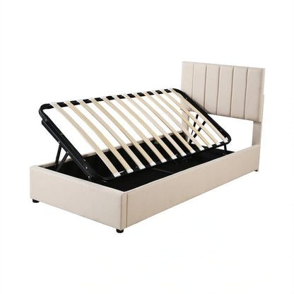 Cadre de lit plateforme rembourré pour lit simple/très grand, avec système de rangement hydraulique, tête de lit et sommier à lattes.