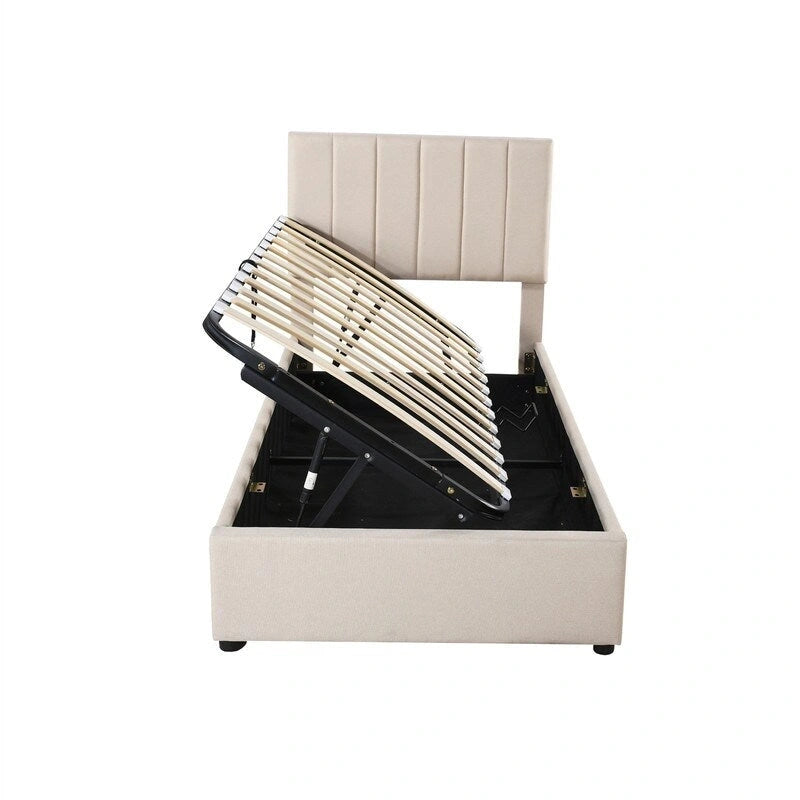 Cadre de lit plateforme rembourré pour lit simple/très grand, avec système de rangement hydraulique, tête de lit et sommier à lattes.