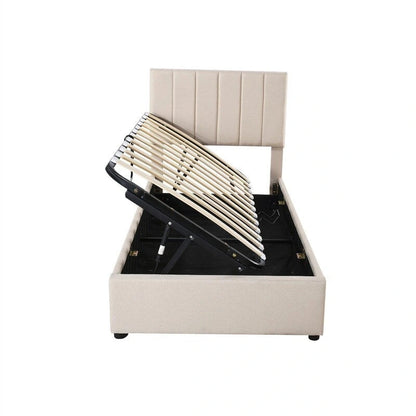 Cadre de lit plateforme rembourré pour lit simple/très grand, avec système de rangement hydraulique, tête de lit et sommier à lattes.