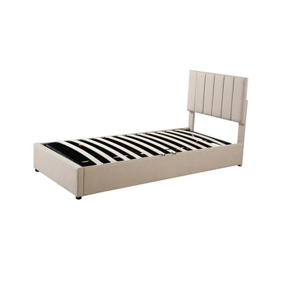 Cadre de lit plateforme rembourré pour lit simple/très grand, avec système de rangement hydraulique, tête de lit et sommier à lattes.