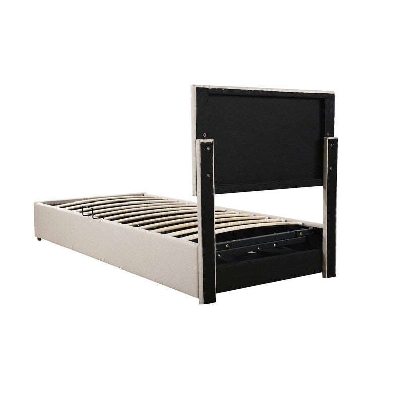 Cadre de lit plateforme rembourré pour lit simple/très grand, avec système de rangement hydraulique, tête de lit et sommier à lattes.