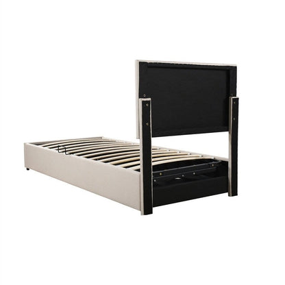 Cadre de lit plateforme rembourré pour lit simple/très grand, avec système de rangement hydraulique, tête de lit et sommier à lattes.