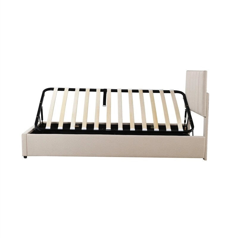 Cadre de lit plateforme rembourré pour lit simple/très grand, avec système de rangement hydraulique, tête de lit et sommier à lattes.