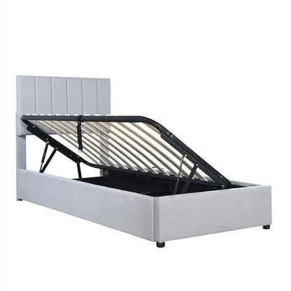Cadre de lit plateforme rembourré pour lit simple/très grand, avec système de rangement hydraulique, tête de lit et sommier à lattes.