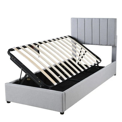 Cadre de lit plateforme rembourré pour lit simple/très grand, avec système de rangement hydraulique, tête de lit et sommier à lattes.