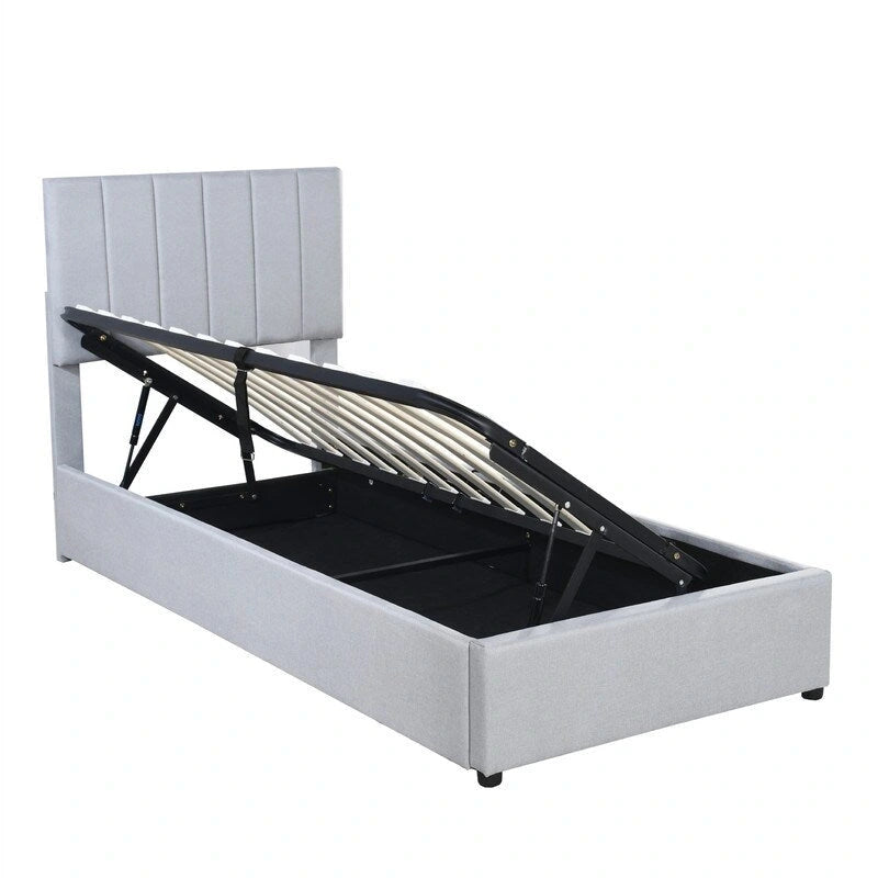 Cadre de lit plateforme rembourré pour lit simple/très grand, avec système de rangement hydraulique, tête de lit et sommier à lattes.