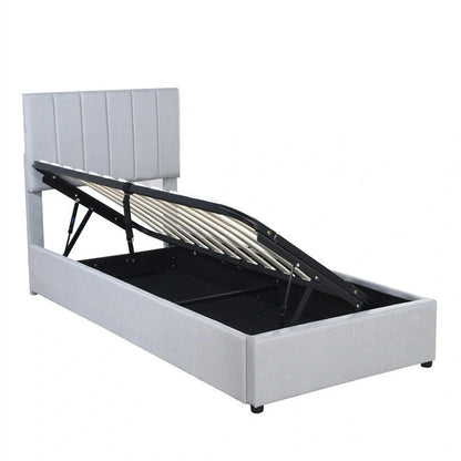 Cadre de lit plateforme rembourré pour lit simple/très grand, avec système de rangement hydraulique, tête de lit et sommier à lattes.