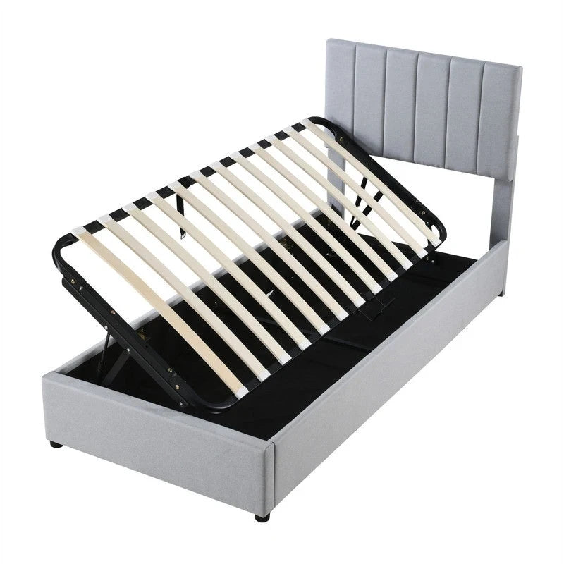 Cadre de lit plateforme rembourré pour lit simple/très grand, avec système de rangement hydraulique, tête de lit et sommier à lattes.