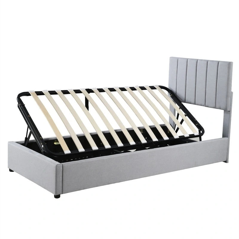 Cadre de lit plateforme rembourré pour lit simple/très grand, avec système de rangement hydraulique, tête de lit et sommier à lattes.