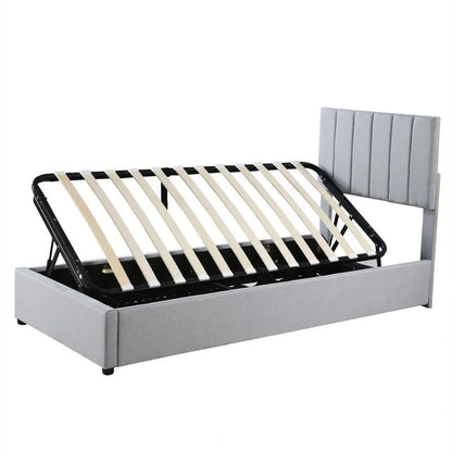 Cadre de lit plateforme rembourré pour lit simple/très grand, avec système de rangement hydraulique, tête de lit et sommier à lattes.