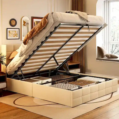 Lit coffre relevable double/queen avec rangement intégré, cadre de lit plateforme rembourré avec tête de lit moderne à oreilles