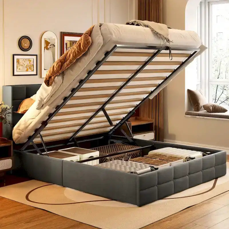 Lit coffre relevable double/queen avec rangement intégré, cadre de lit plateforme rembourré avec tête de lit moderne à oreilles