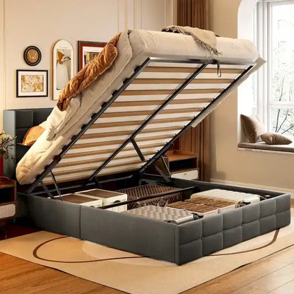 Lit coffre relevable double/queen avec rangement intégré, cadre de lit plateforme rembourré avec tête de lit moderne à oreilles