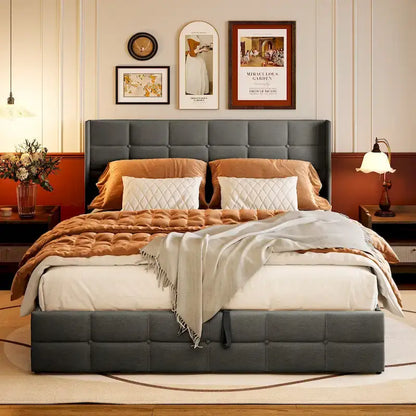 Lit coffre relevable double/queen avec rangement intégré, cadre de lit plateforme rembourré avec tête de lit moderne à oreilles