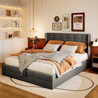 Lit coffre relevable double/queen avec rangement intégré, cadre de lit plateforme rembourré avec tête de lit moderne à oreilles