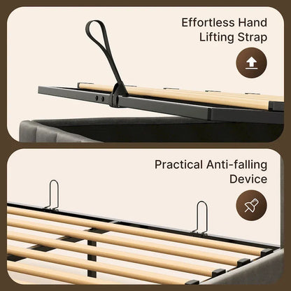 Lit coffre relevable double/queen avec rangement intégré, cadre de lit plateforme rembourré avec tête de lit moderne à oreilles