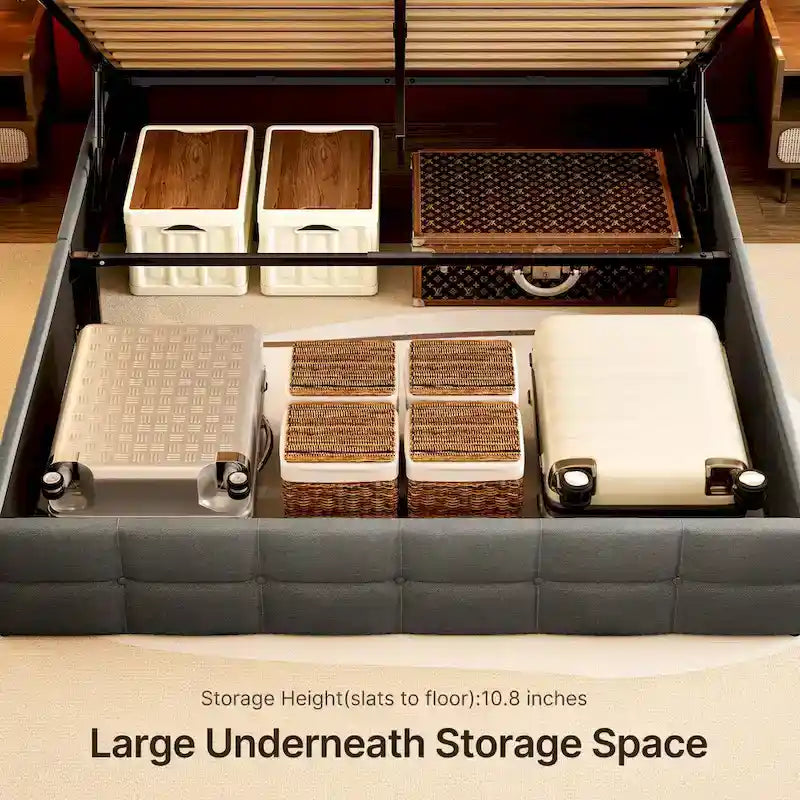 Lit coffre relevable double/queen avec rangement intégré, cadre de lit plateforme rembourré avec tête de lit moderne à oreilles