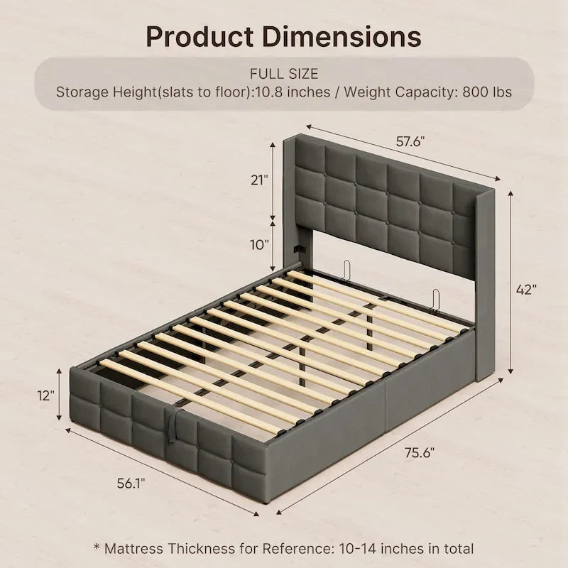 Lit coffre relevable double/queen avec rangement intégré, cadre de lit plateforme rembourré avec tête de lit moderne à oreilles