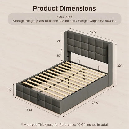 Lit coffre relevable double/queen avec rangement intégré, cadre de lit plateforme rembourré avec tête de lit moderne à oreilles