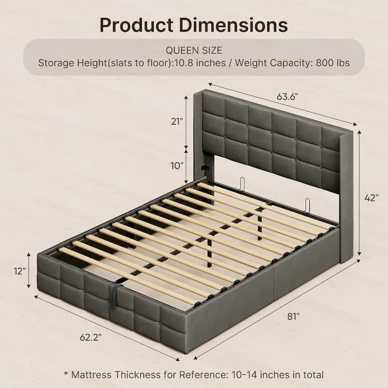 Lit coffre relevable double/queen avec rangement intégré, cadre de lit plateforme rembourré avec tête de lit moderne à oreilles